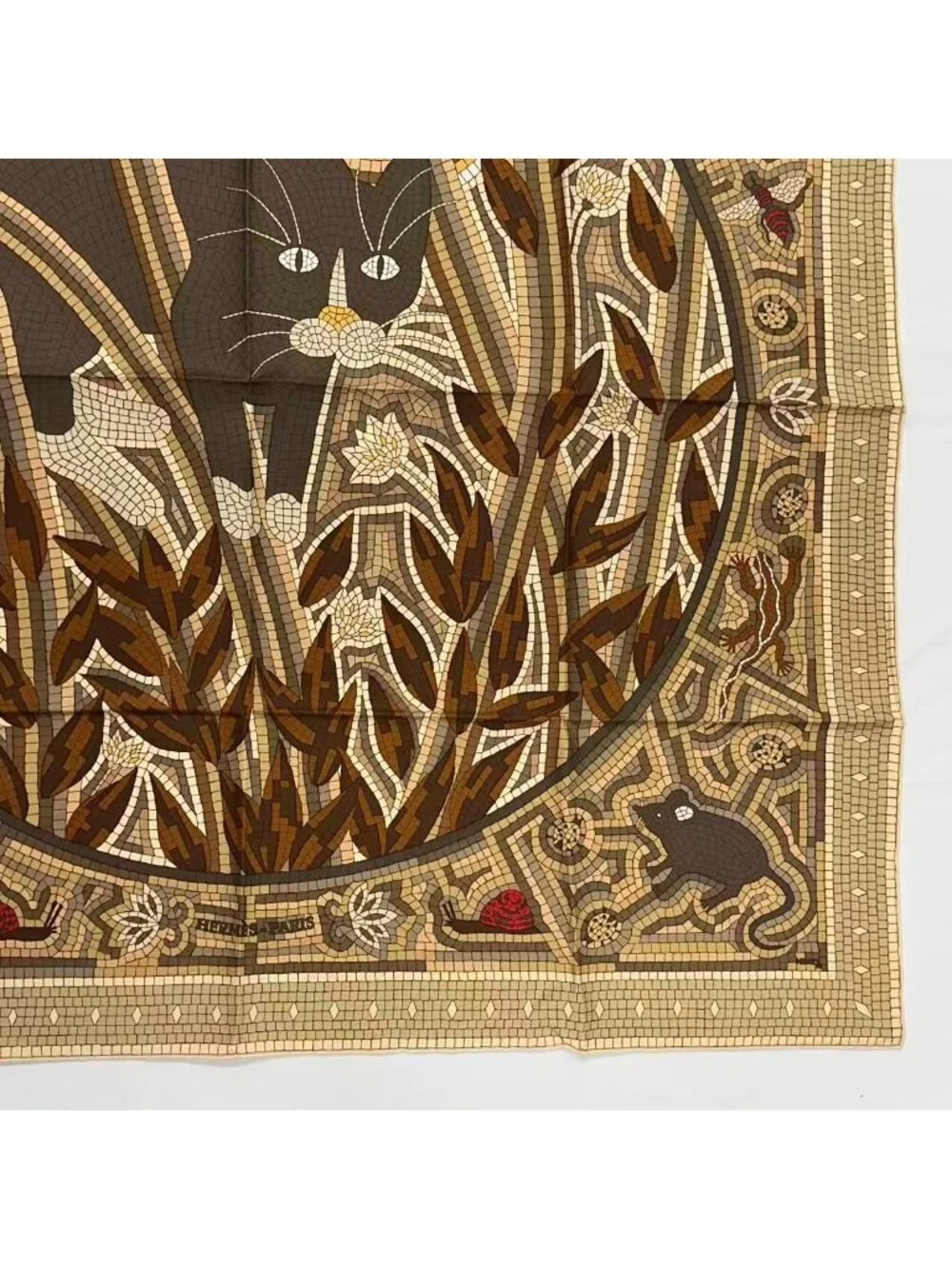 Hermes Carre 90 Scarf Silk Cave Felem Beware Of Cats Beige